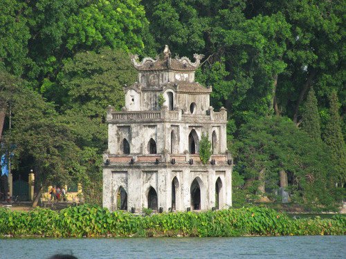 restituted sword lake with turtle tower in  vietnam