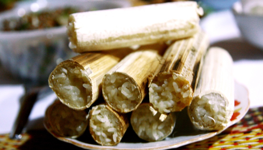Rice cooked in bamboo sections